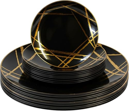 Luxia 20Pcs Elegant Black & Gold Abstract 10 Dinner Plastic Plates and 10 Dessert Plates Set Durable, Reusable Plastic Plate Modern Abstract Design Tableware for Party & Event