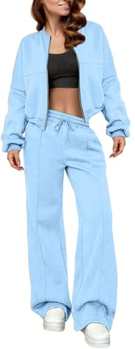 Womens Activewear - Felpa sportiva da donna, tinta unita, senza cappuccio, con due pantaloni, casaul da jogging, da donna, set da palestra, da donna, da salotto, da viaggio, aeroporto, blu cielo, L