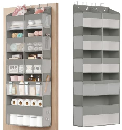 SONGMICS Organizador de Puerta, 9 Compartimentos, Colgador Plegable, Ganchos Metálicos, Frontal Transparente, Bolsillos Laterales, Gris Paloma RDH009GD01