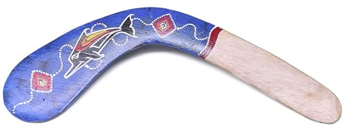 Australian Treasures Boomerang, handmålad, blå, trä, 40 cm, aboriginal motiv, dekoration och rekreation, traditionell design