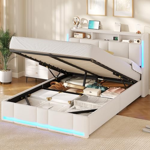 AOGLLATI Letto 140x200 cm con Sollevamento Idraulico, Letto Contenitore Matrimoniale con Illuminazione a LED e Stazione di Ricarica, Struttura Letto Matrimoniale con Testiera Imbottita, Beige