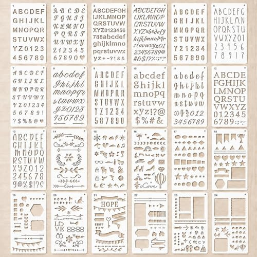 24Pcs Letter Stencils Set, Alphabet Number Stencils for Painting Crafts DIY | Reusable PET Plastic Templates for Calligraphy, Bullet Journal,Wall Art, Scrapbooking and Creative Projects for Adults & Kids