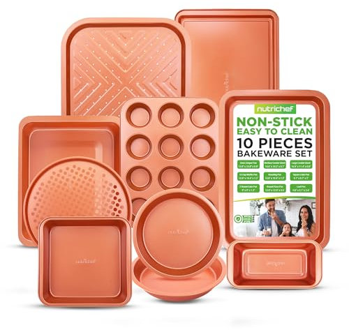 Nutrichef Oven Tray Set, Baking Trays for Oven Non Stick Set, Bakeware Cooking Pans, Cookie Sheets, 10 Piece Carbon Steel Square, Round, Loaf, Pizza, Cupcake Tins, Dishwasher Safe, Copper