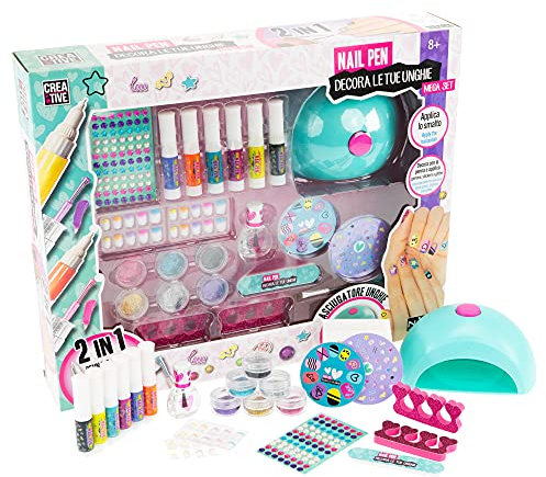 Creative 2075, Nice Group- Nail Pen Mega Set, Kit con Asciugatore per Unghie da Decorare con Adesivi, Smalto, Polvere Glitter, Gemme 3D, Multicolore