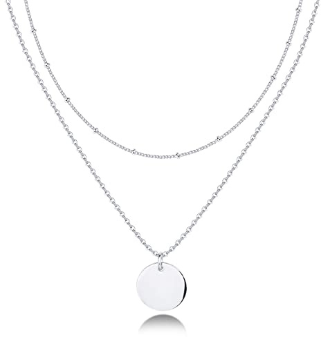 PAVOI Rhodium Plated Layered Coin Pendant Necklace | Layering Necklaces for Women | Dainty Minimalist Design Pendant (Coin, White Plated)