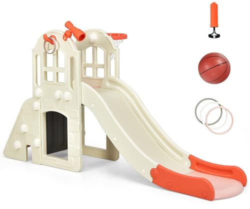 RELAX4LIFE 6 in 1 Scivolo per bambini che si arrampica nel tunnel del cestino, lancio dell'anello telescopico decorativo, scivolo per esterni e interni in HDPE per 3-8 anni(Scivolo rosa)