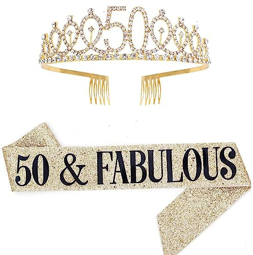 Dimetey Kit de diadème d'anniversaire Reine et strass – 21, 30, 40, 50, 60e anniversaire, écharpe pour femme, accessoires de fête (or 50th)