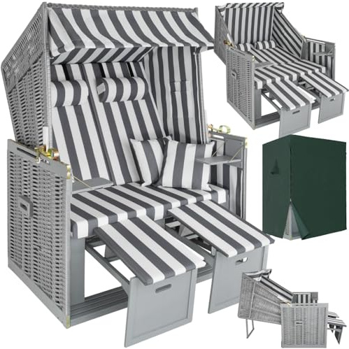 tectake® Poltrona Sdraio da Spiaggia e Giardino, Modello Strandkorb XXL del Mar Baltico, Robusto Involucro Protettivo, Morbidi Cuscini, Poltrona da Spiaggia Regolabile in Vimini - grigio/bianco