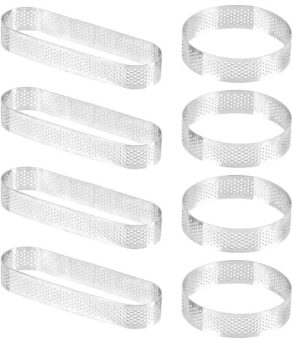 TIMESETL Anello di Mousse 8 Pezzi Stampi Dolci Forati, Anelli per Mousse in Acciaio Inossidabile, Forma Rotonda Forma Ovale Pasticceria Stamp Crostata Anello Torta Anelli Forati per Pasticceria