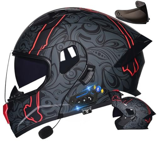Motorradhelm mit Bluetooth Klapphelm, Doppelvisier Modularer Helm ECE Zertifiziert, Integralhelm mit Mikrofon für Automatische Reaktion für Erwachsene Frauen Männer (21.6-24.4in)