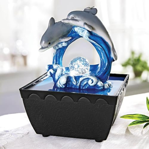 Dolphin Water Feature Battery Operated Indoor LED Feng Shui Tabletop 17.cm Tall 400ml