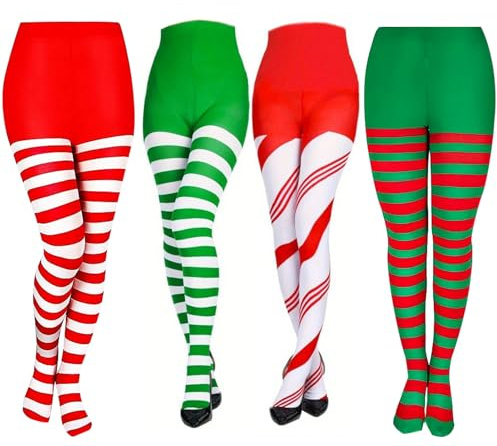 4 par jul randiga tights älva tights vit grön röd hög strumpa randiga tights strumpbyxor full längd spandex tights alf maskeradkostymer för kvinnor damer tomtar jul halloween cosplay, röd och grön,
