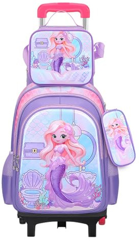 MYSNKU Three-piece Set Cute Rolling Backpack with Lunch Bag School Girls Boys, Lightweight Trolley Travel Bag with 6 Wheels Classic Roller Luggage (Purple mermaid)
