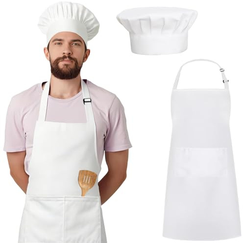 HZYIQ Set di Cappello da Cuoco e Grembiule per Uomini Donne, Grembiule da Cucina Impermeabile Regolabile con 2 Tasche e Professionale Cappello da Chef Elastico per Cucina (Bianco)