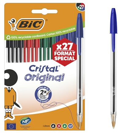 BIC Cristal Original Stylos-Bille Pointe Moyenne (1,0 mm) avec Capuchons et Embouts Assortis - Couleurs Assorties, Pochette Format Spécial de 27