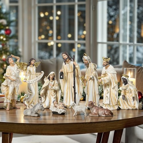 Ultym 12.5in Nativity Set & Figures, 12-Piece Christmas Nativity Scene Figurines, Resin Holy Nativity Sculptures, Collectible Tabletop Nativity Statues for Home, Office and Church Decor, Ivory White
