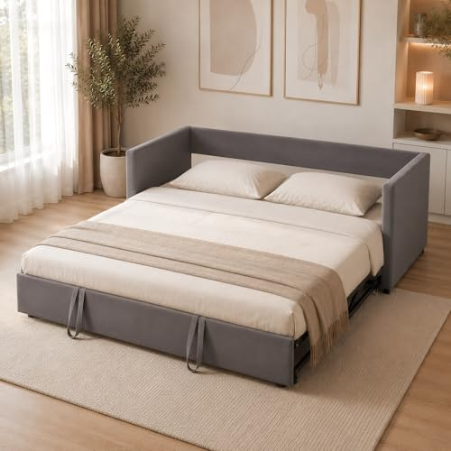 Sofá Cama Extensible 90/180x200 cm, Sofa Camas Convertible con Somier de Láminas, Cama de día Extensible a Camas Doble, Tejido Aterciopelado, Sin Colchón