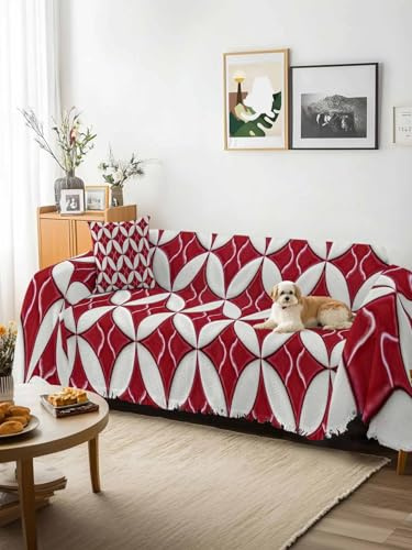 Red Geometric Sofa Cover Blanket Couch Covers for Armchair Cushion,Couch Sofa Silpcover with Tassel,Vintage Rhombus Circle Texture Living Room Bedroom Throw Towel Blanket Covers XX-L 71x150