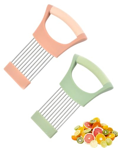 CULEB 2Pcs Porta Fette di Cipolla in Acciaio Inox,Forchetta Affettare per Cipolle con Copertura Protettiva,Multifunzionale Fette di Strumenti per Tagliare Carne,Verdura,Futta(Rosa/Verde)