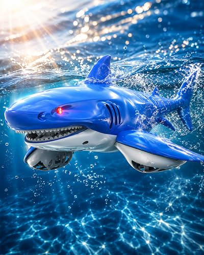KOKODI Requin Robot télécommandé Lumineux pour Enfants dès 3 Ans – Jouet Aquatique étanche pour Piscine et Bain d'été, télécommande imperméable, Cadeau d'anniversaire Mixte garçon Fille