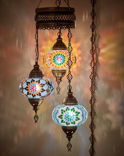 DEMMEX Customizable Turkish Moroccan Mosaic Plug in Chandelier Ceiling Hanging Lamp Pendant Light Fixture Lighting, 4.5mt Cord Chain and Plug, 3 Big Globes