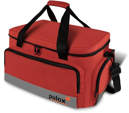 PULOX Erste-Hilfe Notfalltasche inkl. Befüllung & Pulsoximeter PO-200 Solo - Große, professionelle Sanitätstasche aus Nylon in Rot/Gefüllt