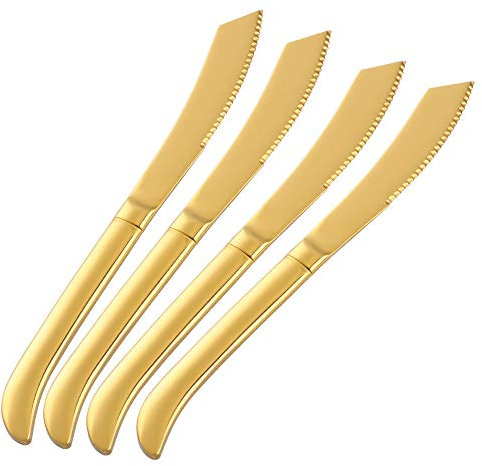 SBOMHS Set di 4 coltelli da bistecca in acciaio inox, lunghezza 230 mm, manico ergonomico, coltello da menu, posate creative, lavabili in lavastoviglie/oro