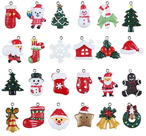 GWHOLE 24 Pezzi Christmas Fascino del Pendente Decorazione Natalizia Miniatura di Resina di Natale Babbo Natale Albero di Natale Fiocco di Neve per l'ornamento della Decorazione di Natale DIY Craft