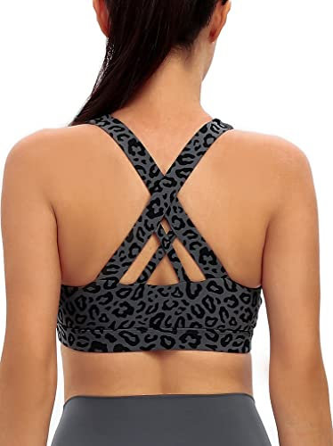 RUNNING GIRL Sports Bra for Women, Criss-Cross Back Padded Strappy Sports Bras Medium Support Yoga Bra with Removable Cups, A-leopard Print, M