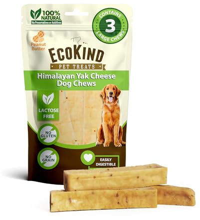 EcoKind Premium Gold Yak Cheese Himalayan Dog Chews, Dog Treats Large Breed, All Natural, High Protein Dog Chew, Peanut Butter, Large - 3 Chews