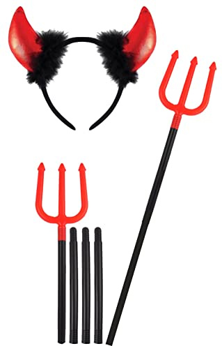 Dreamzfit Red Devil Horn Headband & Pitchfork Trident Set - Glossy Adult Halloween Costume Accessory for Fancy Dress Parties, Cosplay & Horror Props