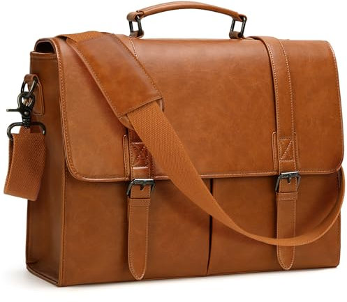 RAINSMORE Bolso bandolera para hombre de piel sintética de 15.6 pulgadas, impermeable, para el trabajo, oficina, negocios, universidad, color marrón