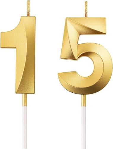 AIYONG Candele per torta a forma numero 15, Candele con numeri da 5cm, candele per torta di 15° compleanno, Candela dorata per il 15° compleanno, decorazioni per feste (Numero 15)