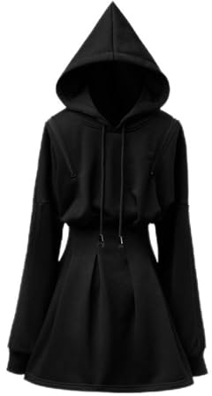 CABULE Vestido Sudadera Negro Oscuro otoño e Invierno diseño Discreto Falda Corta Adelgazante de Manga Larga Mujer-Negro-L