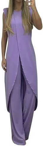 Jumpsuit dam elegant långärmad byxa med rund hals och enkel figurnära fritidsoverall ärmlös kofta långärmad tröja + breda ben byxor playsuit bröllop brudtärna fest sparkdräkt, lila, XXL