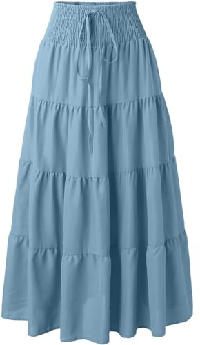 Adigaber Women 2in 1 Skirts High Waist Maxi Skirts Ruffles A Line Long Length Skirts with Drawsting Light Blue