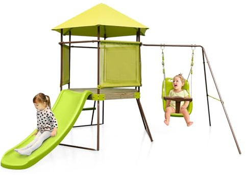 COSTWAY 4 en 1 Parque Infantil Exterior, Tobogán, Escalera y Columpio para Bebé, Parque Escorrega Infantil Jardin, 225 x 203 x 168 cm, Verde