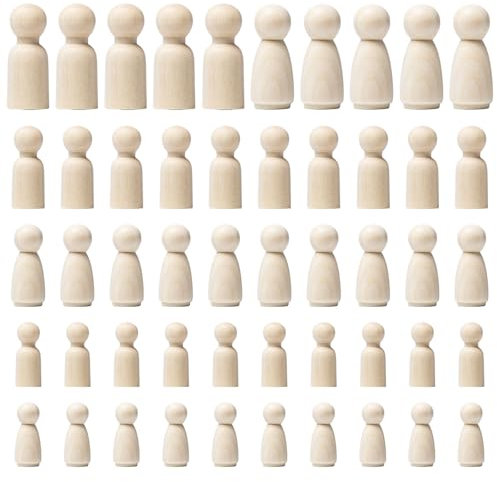 UTMACH 50 Pezzi Bambola in Legno da Dipingere Figure Non Finite Piolo Dolls Femmina e Maschio per Decorazione Fai da Te (35mm, 43mm, 53mm)