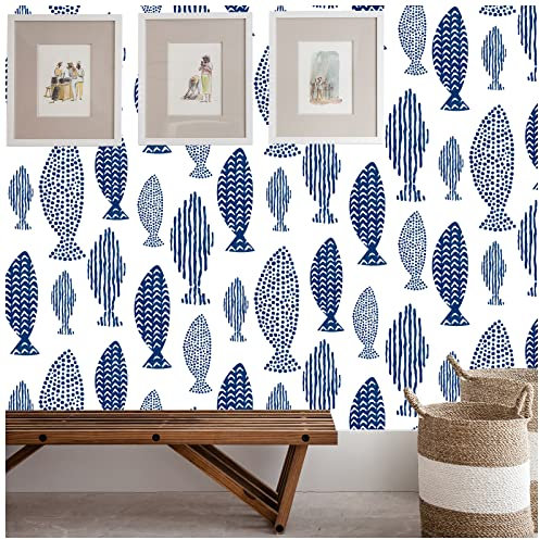 FENTIS Carta da Parati Autoadesiva con Motivo di Pesci Blu Carta da Parati Bianca con Retro Adesivo in Plastica Vinilica Fiori Adesivi da Parete per Cucina Soggiorno Armadio 44,5x500cm