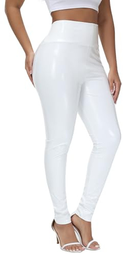 NewL Leggings da Donna a Specchio in Finta Pelle Verniciata Riflettente Lucido Elasticizzato stringono i Pantaloni a Vita Alta Sottile (IT, Testo, L, Regular, Regular, Bianco)