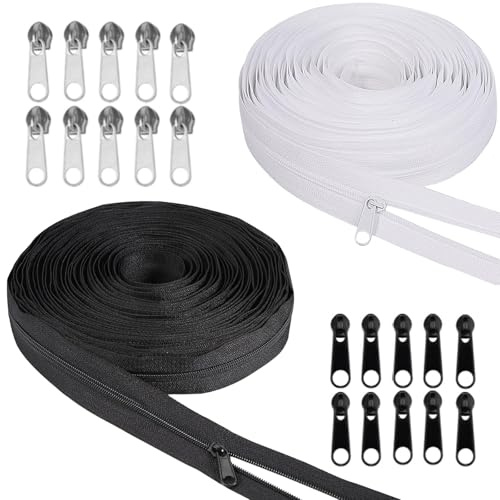 Cremallera continua con cremallera, 2 unidades, 5 mm, 10 m de largo, de nailon, juego de reparación, color blanco y negro, con 20 tiradores de cremallera de metal para ropa de cama, chaqueta, ropa,