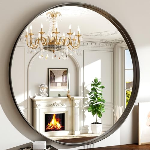 48 Inch Round Bathroom Mirror - Wall Mounted Circle Mirror with Metal Frame, Modern Mirror Suitable for Bathroom, Vanity, Entryway, Living Room, Wall Decor,Black