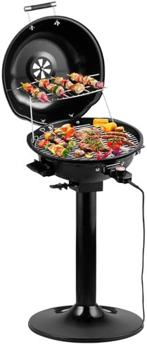 CUSIMAX Elektrogrill Standgrill mit Deckel und Standfuß, Regulierbare Temperatur und Fettauffangschale, 1600W Elektrischer Barbecue-Grill für Außennutzung, Balkon & Garten, Leichte Reinigung