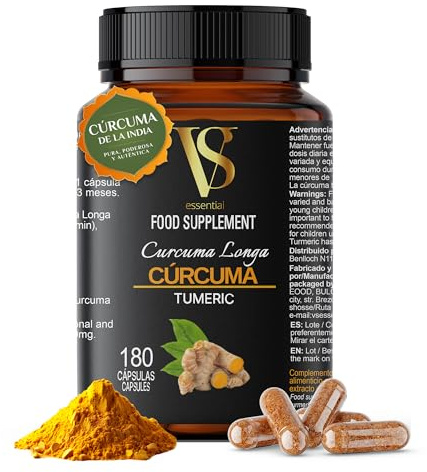 Cúrcuma en Cápsulas, Extracto de Curcumina, 180 Cápsulas - 6 meses de duración, Turmeric antiinflamatorio para Vitalidad y Bienestar Diario, Vitaminas Naturales - VS essentials (180 cap.)