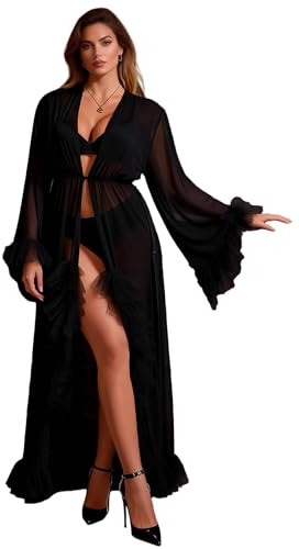 ohyeahlady Kimono Donna Pizzo Lungo Taglie Forti Vestaglia Kimono Morbida Estiva Con Cintura Costume Da Bagno Curvy Accappatoio Bikini Camicia Da Notte Manica Lunga Pigiama Largo Lingerie Nero,XS-S