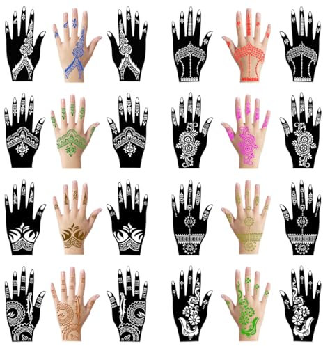 Koonafy 16 fogli per tatuaggi di henné, coppie henné tatuaggio temporaneo henny, Stencil per Tatuaggi per Donne,Stencil a fiori per pittura del corpo, per viso e corpo (A)