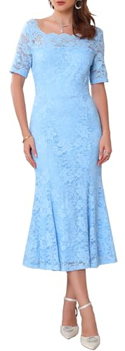 WOMLAYOUT Cocktailklänning för kvinnor med off shoulder, kortärmad spets, sjöjungfrustil, maxiklänning för bröllopsgäst, Himmelsblå, M