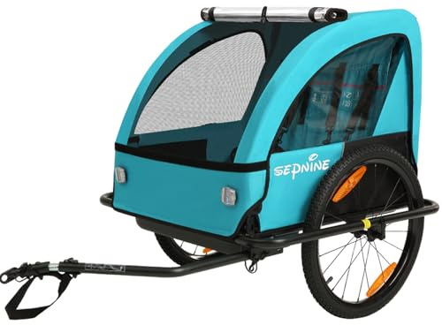 Sepnine Kids Bike Trailer, Suitable for 1 to 2 Children, Double Seat, Universal Coupler, Foldable, Canopy with Bug Screen and Weather Shield, with 5-Point Harness and Storage Bags