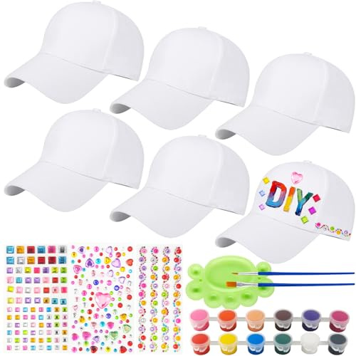 6x Graffiti Kappe Weiß,DIY Baseballkappe Kinder mit Glitzersteine Selbstklebend,Baseball Caps Scherzt Baseballmütze zum Bemalen Kunst Anstrich Hut Mütze für Kindergeburtstag Basteln Mädchen Jungen