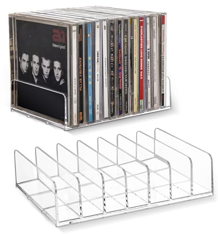 CELSOL Clear Acrylic CD Holder 2 Pack - CD Storage Rack DVD Organizer Stand Holds 28 Jewel Cases, CD Display Shelf for Media Organization, Versatile Desktop Storage for Music Collection